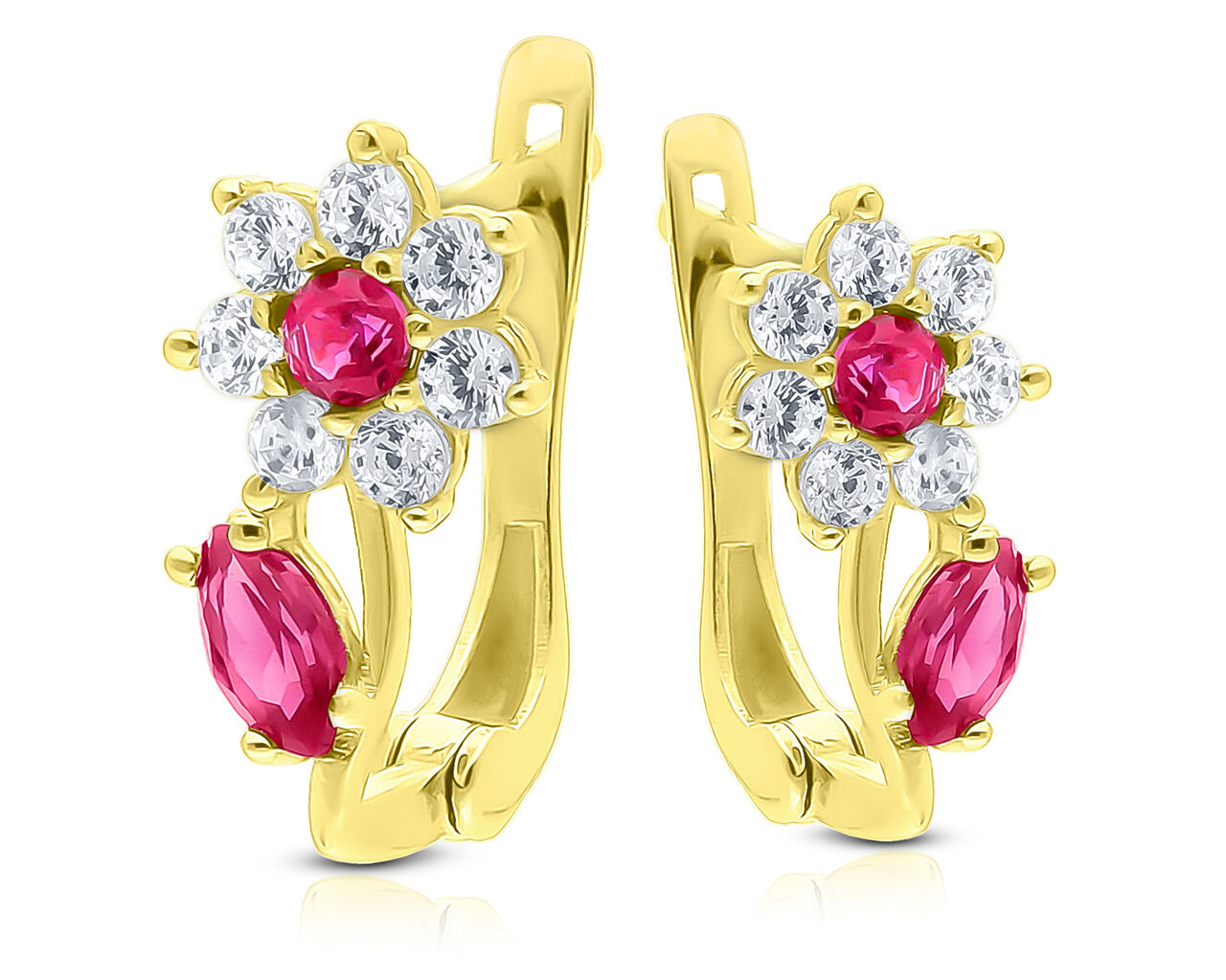 Złote kolczyki dla dziewczynki kwiatki różowe 585