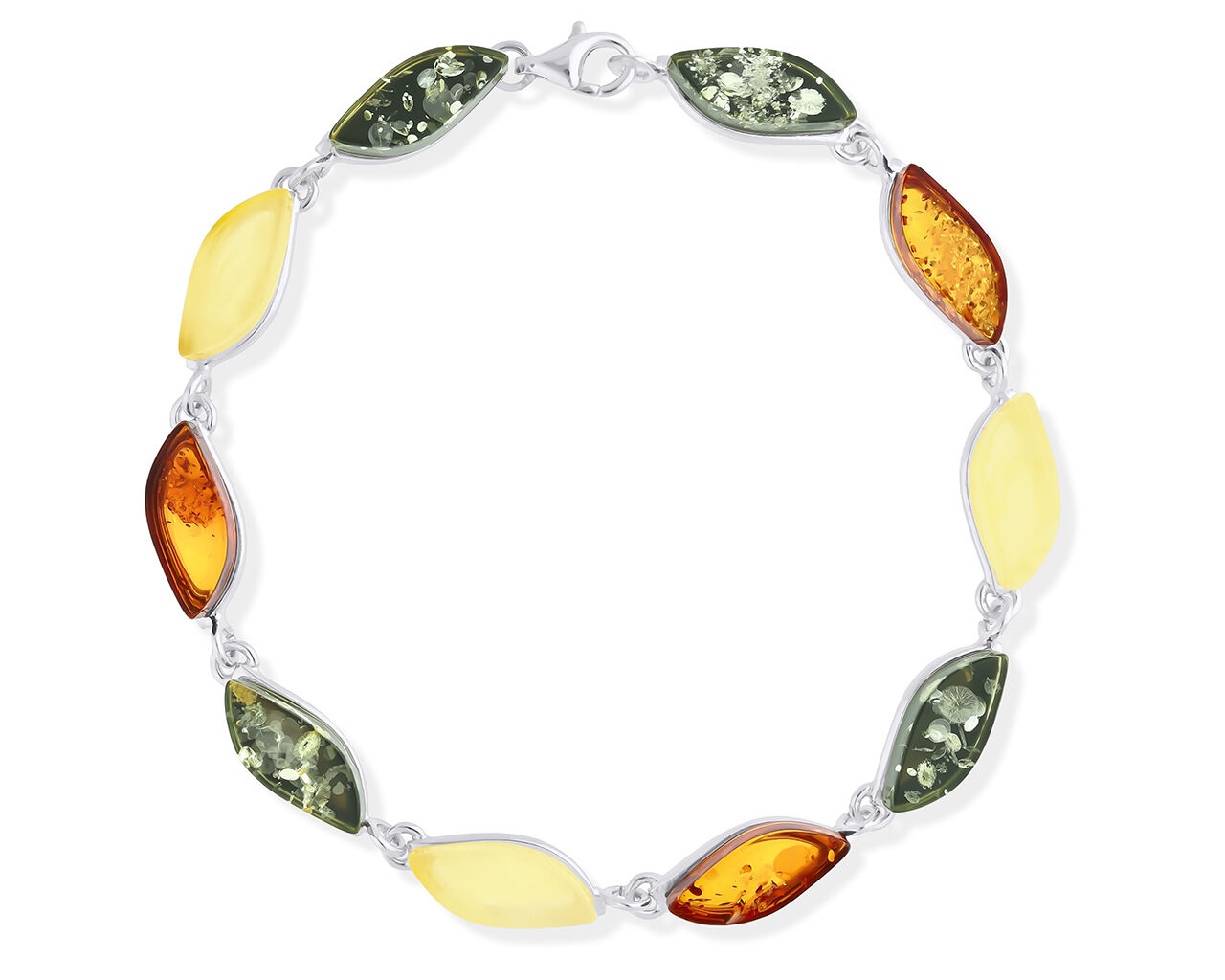Bransoletka srebrna z bursztynami w 3 kolorach