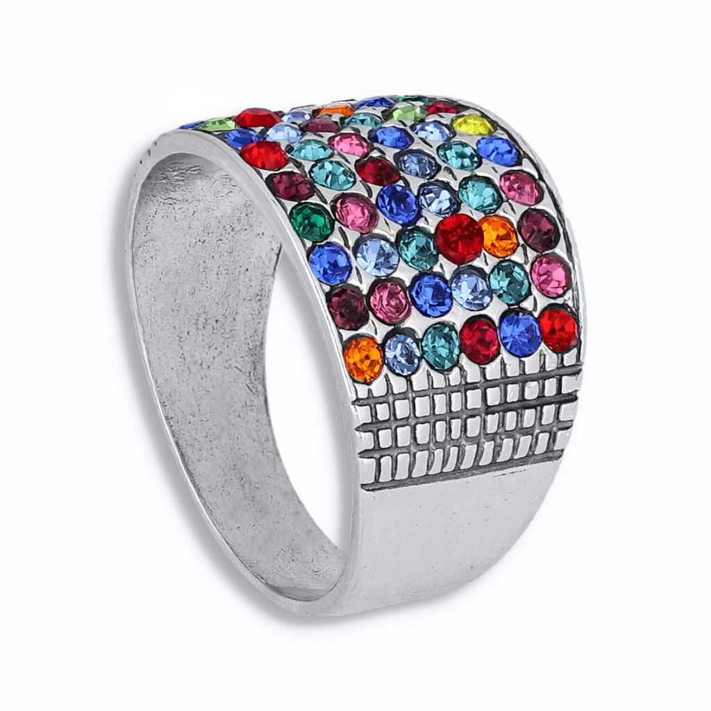 Pierścionek srebrny szeroki kolorowe kamienie