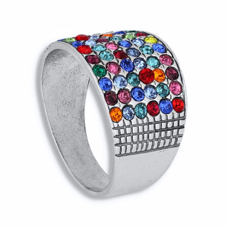 Pierścionek srebrny szeroki kolorowe kamienie