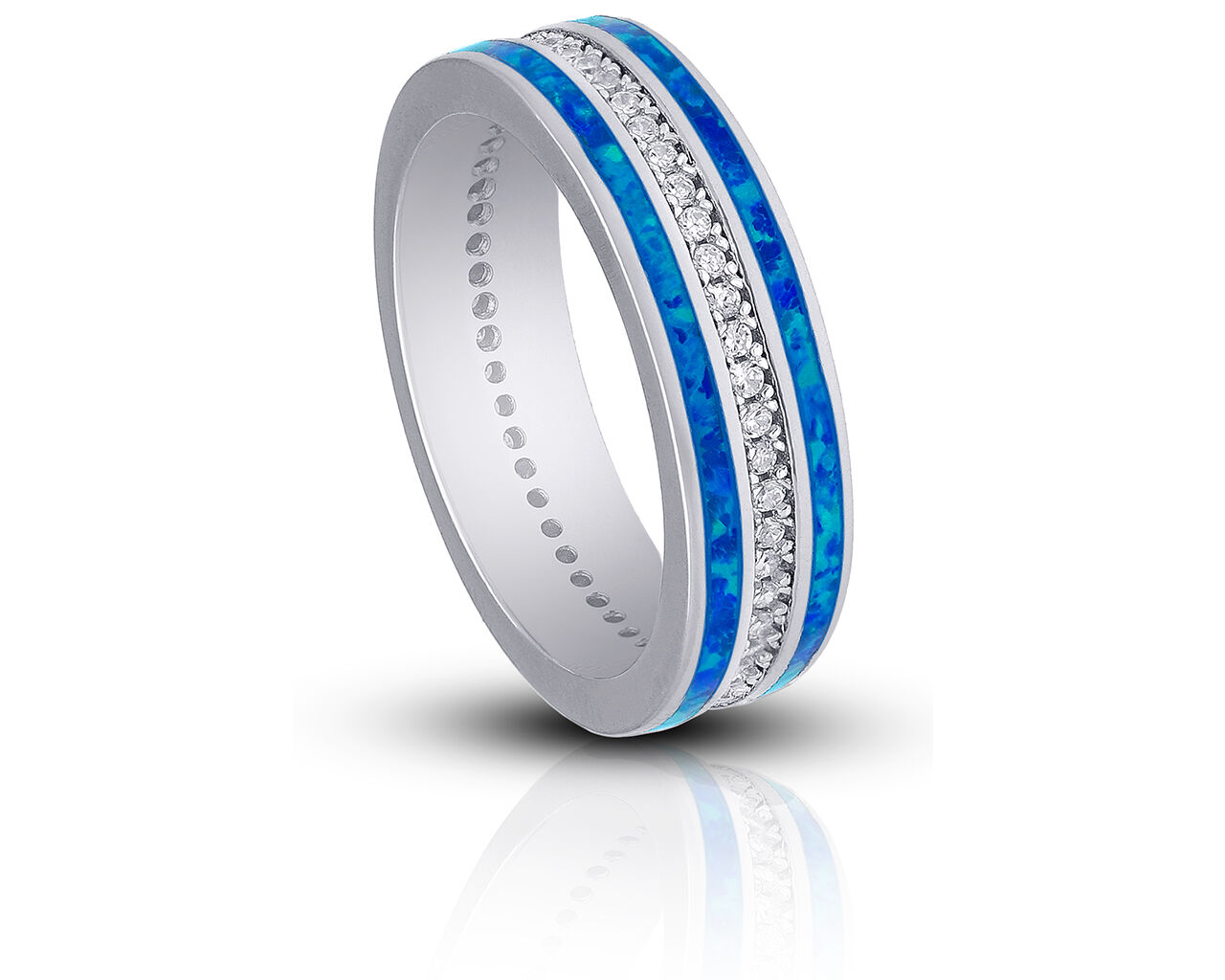 Pierścionek srebrny niebieski opal i cyrkonie