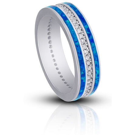 Pierścionek srebrny niebieski opal i cyrkonie