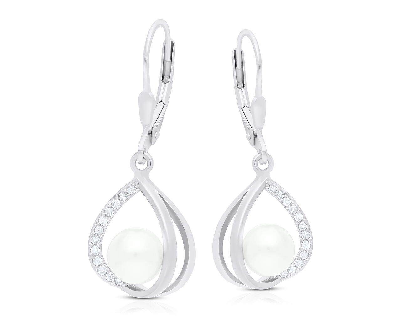 Kolczyki srebrne wiszące z perłą i cyrkoniami