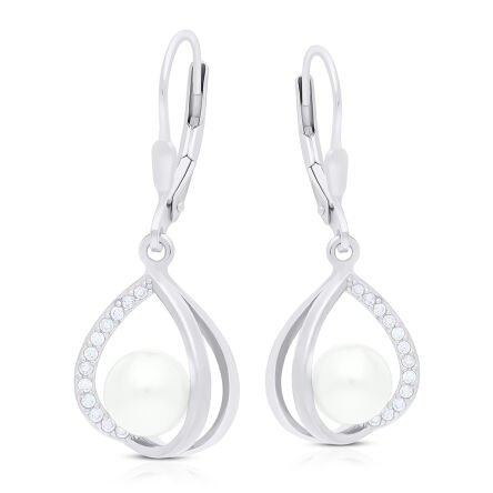 Kolczyki srebrne wiszące z perłą i cyrkoniami