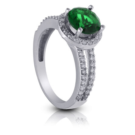 Srebrny pierścionek zielona okrągła cyrkonia