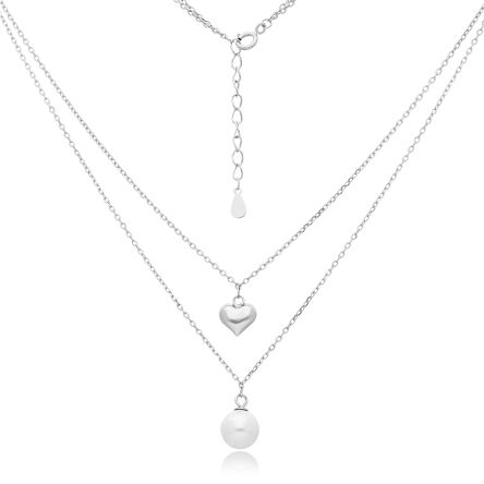 Naszyjnik srebrny z perłą i serduszkiem podwójny