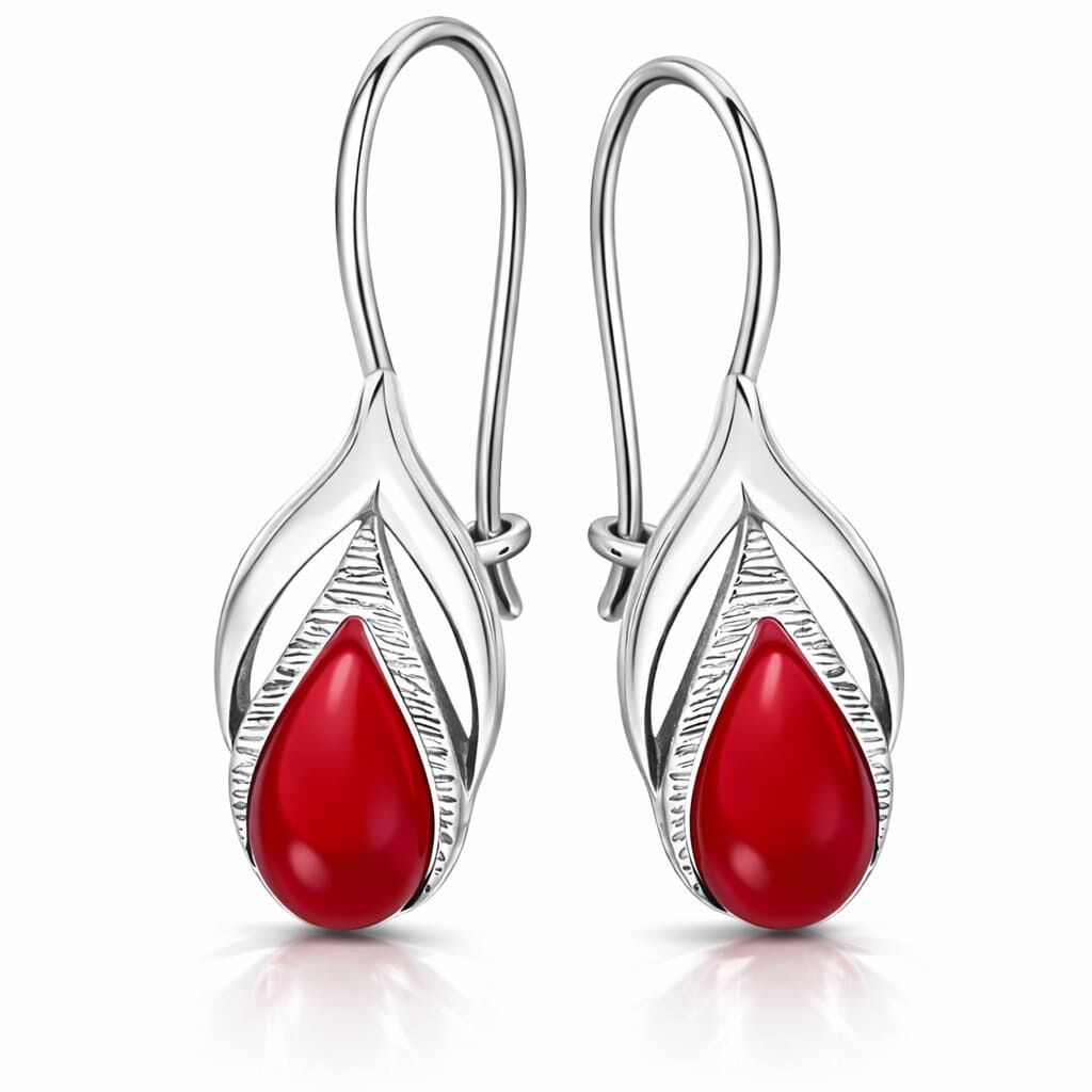 Kolczyki srebrne 925 z koralem wiszące listki