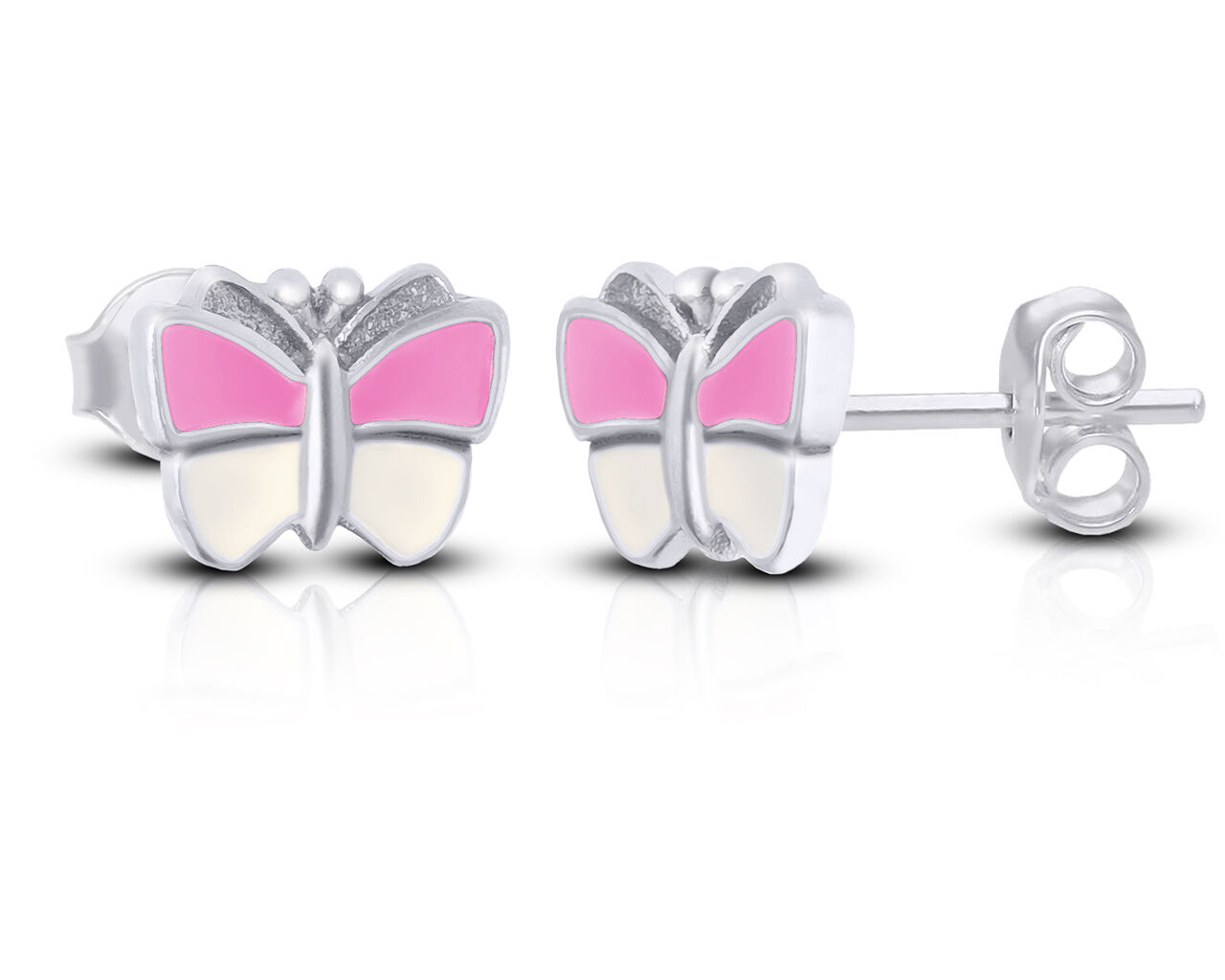 Kolczyki srebrne dziecięce motylki różowo białe