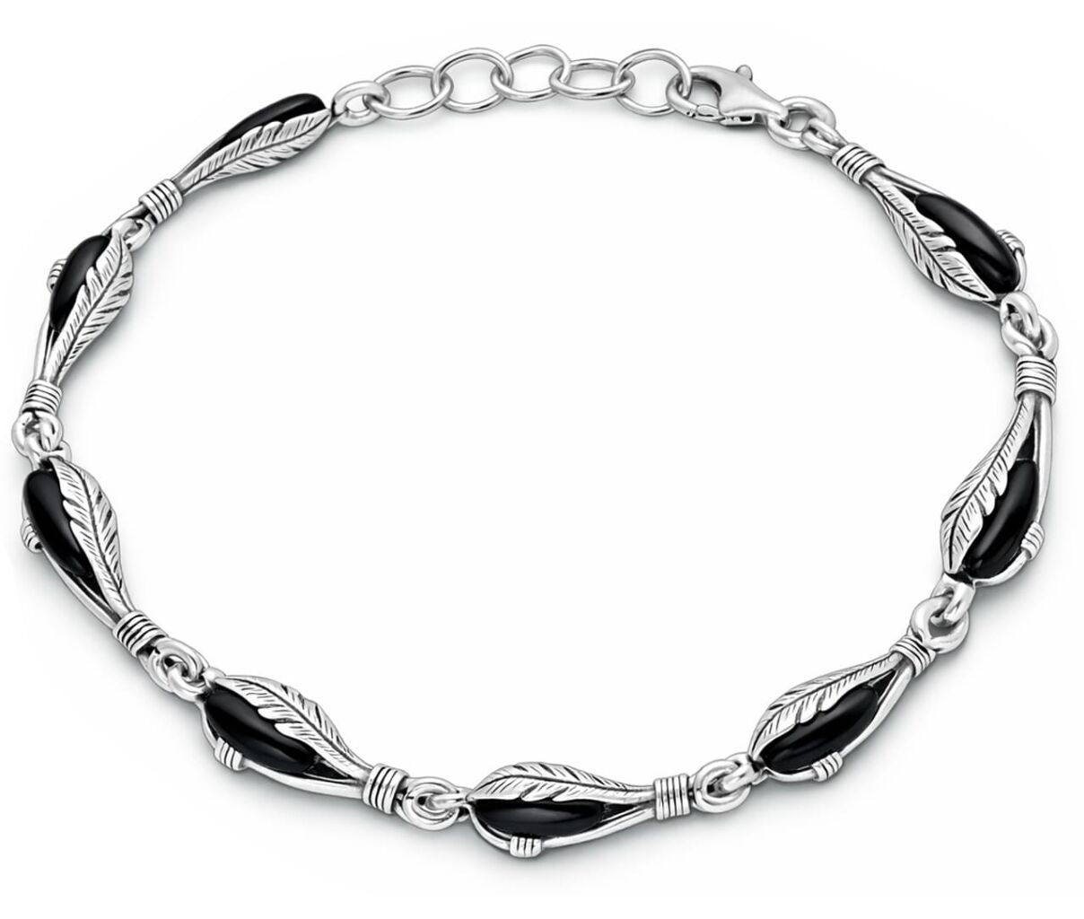 Bransoletka srebrna 925 motyw piór kamień onyks