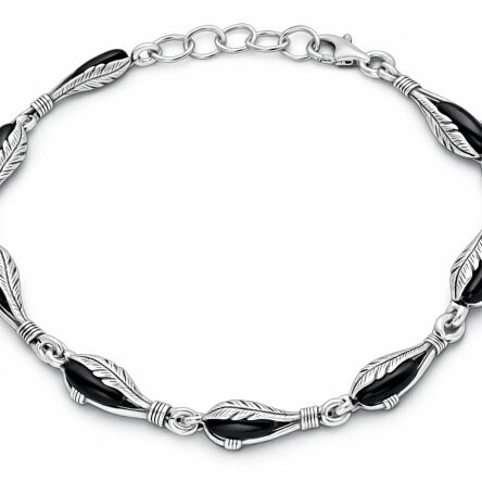 Bransoletka srebrna 925 motyw piór kamień onyks