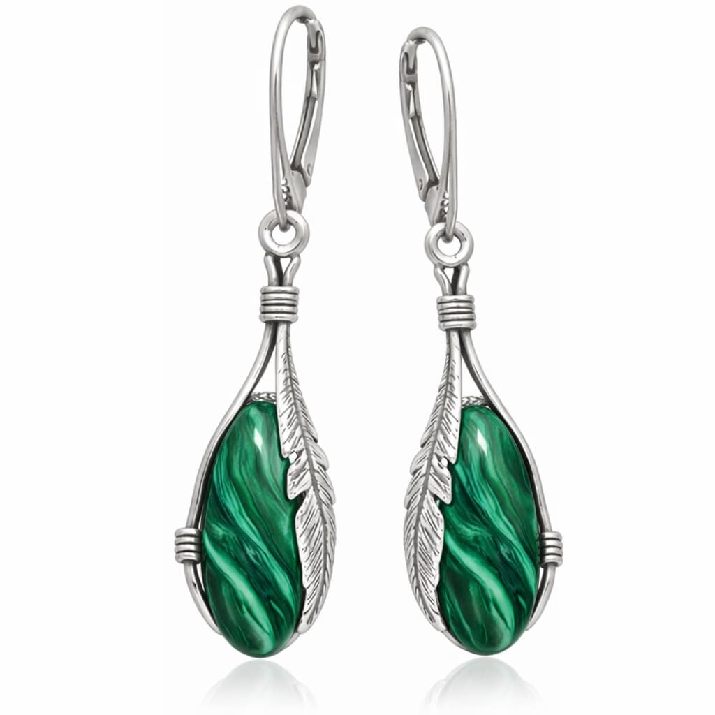 Kolczyki srebrne 925 z malachitem wiszące pióra