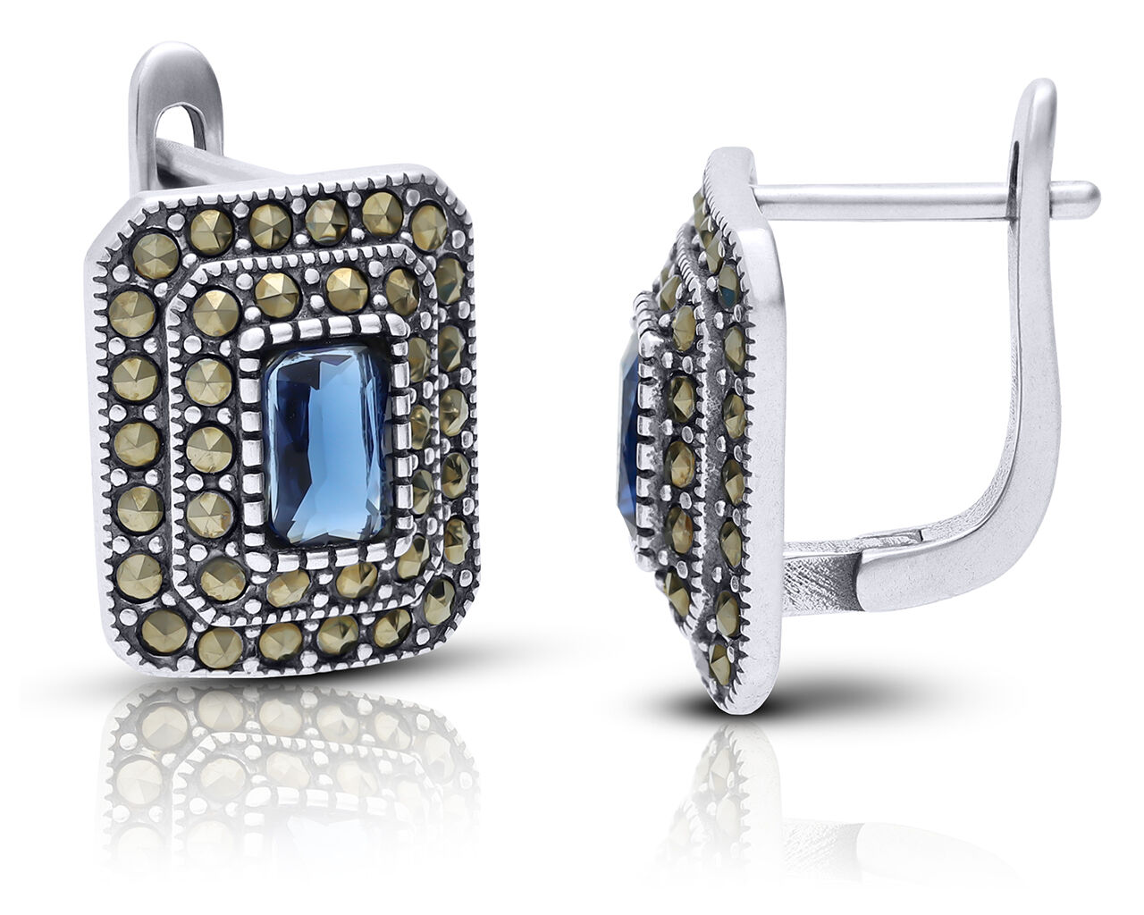 Kolczyki srebrne niebieska cyrkonia i markazyty