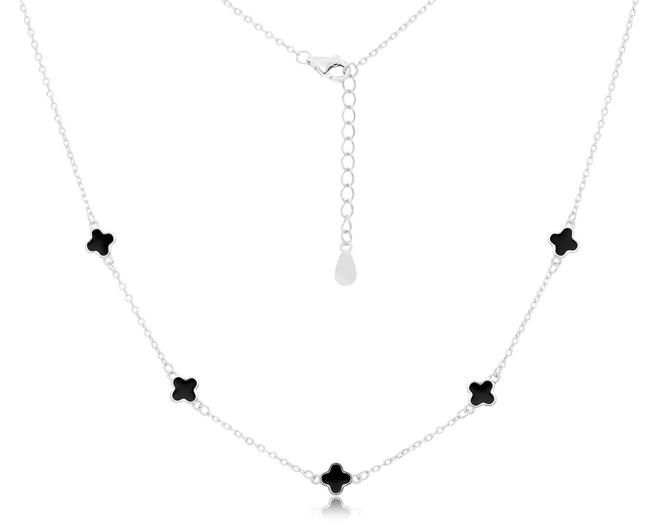 Naszyjnik srebrny z koniczynami czarna emalia