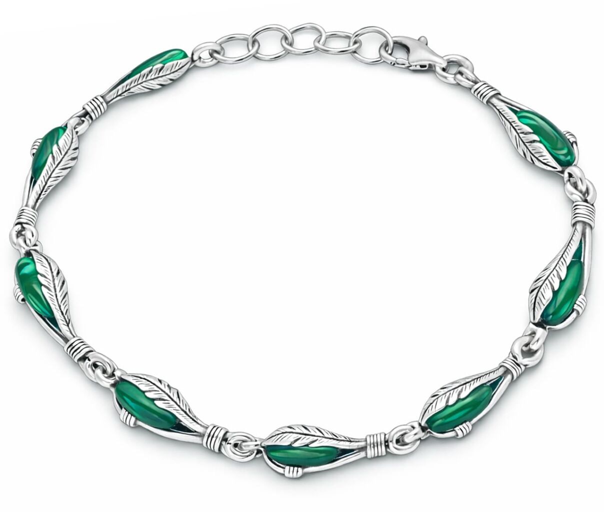 Bransoletka srebrna 925 z malachitem motyw piór