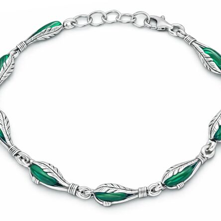 Bransoletka srebrna 925 z malachitem motyw piór