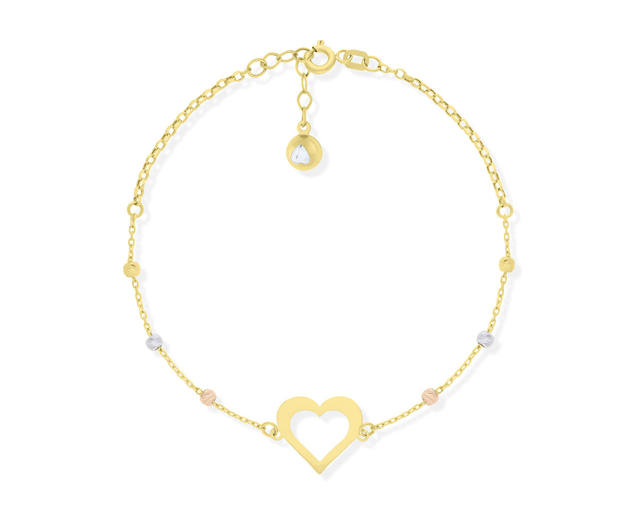 Złota bransoletka serce i błyszczące kulki pr.585