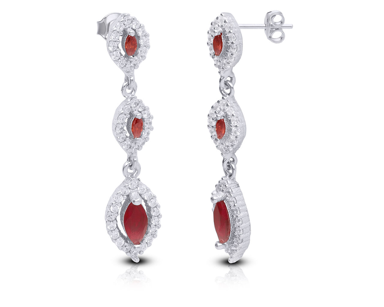 Kolczyki srebrne wiszące z czerwonymi kamieniami