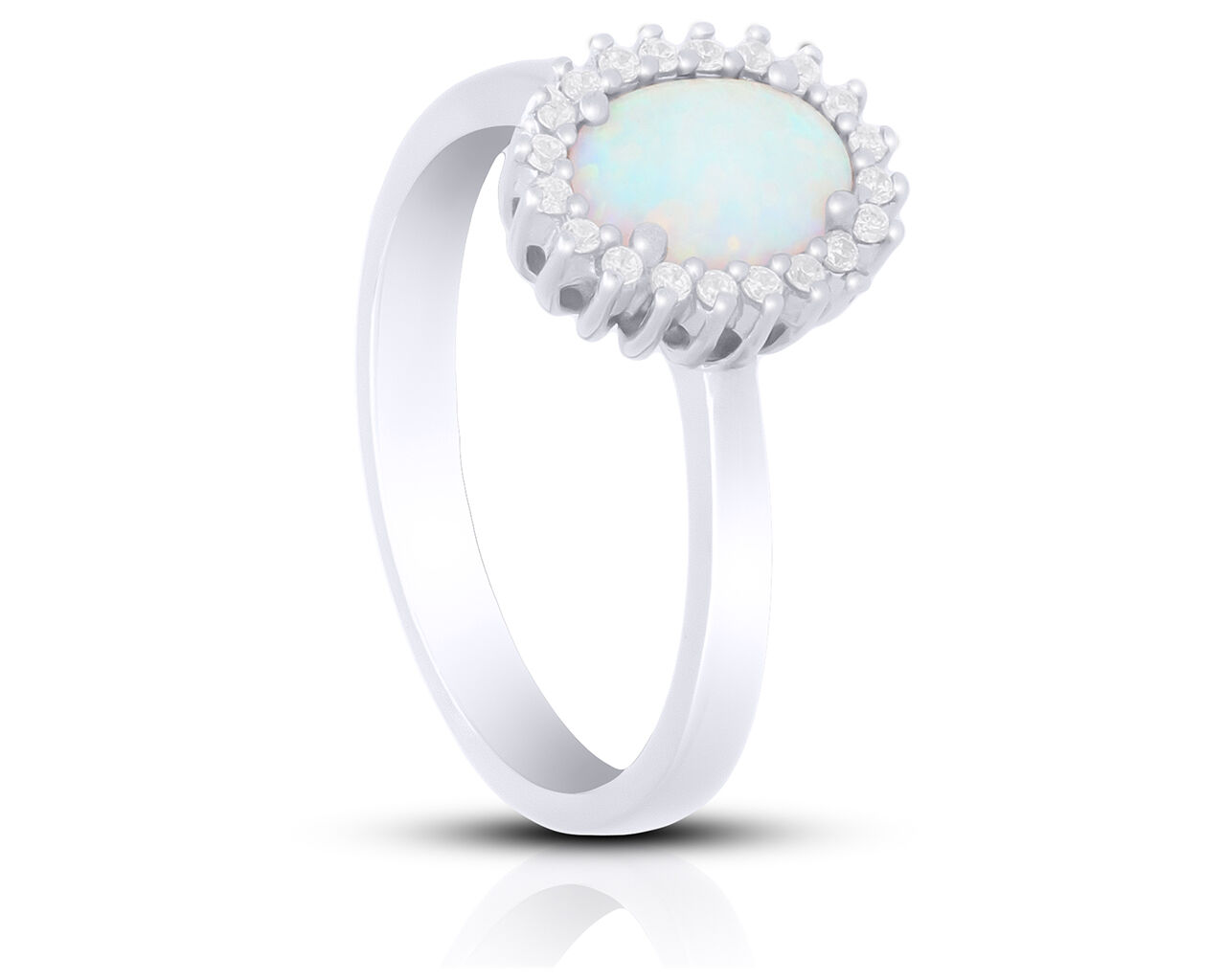 Pierścionek srebrny z białym opalem i cyrkoniami