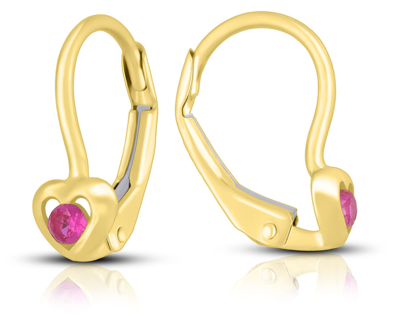 Złote kolczyki 585 serduszka z rubinową cyrkonią
