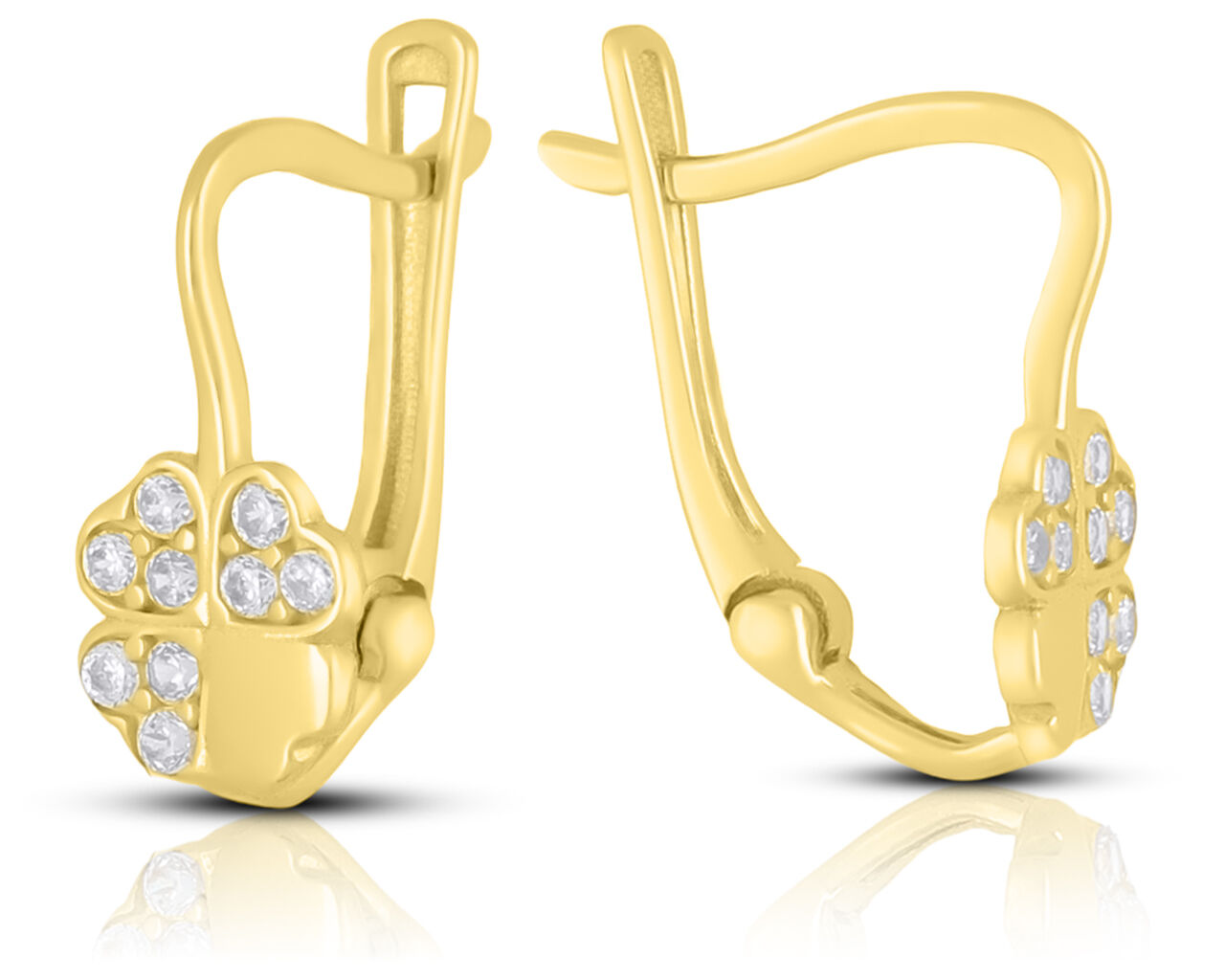 Złote kolczyki 585 koniczynki z serduszek cyrkonie