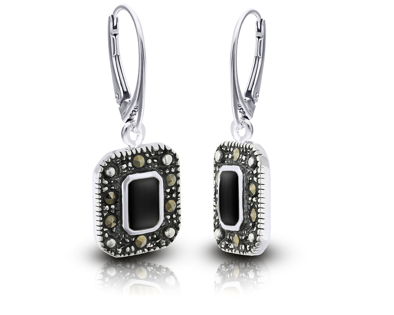 Srebrne kolczyki z onyksem i markazytami wiszące