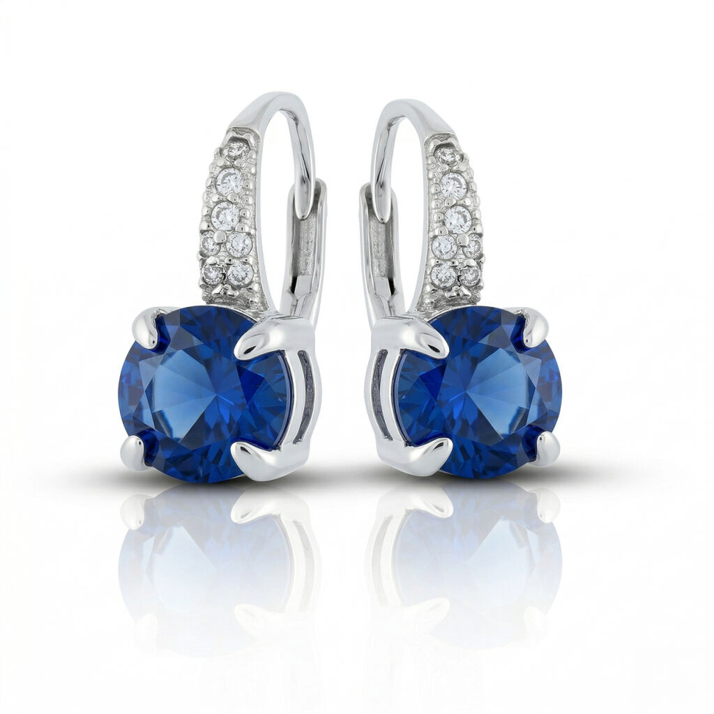 Kolczyki srebrne z cyrkoniami i szafirowym oczkiem