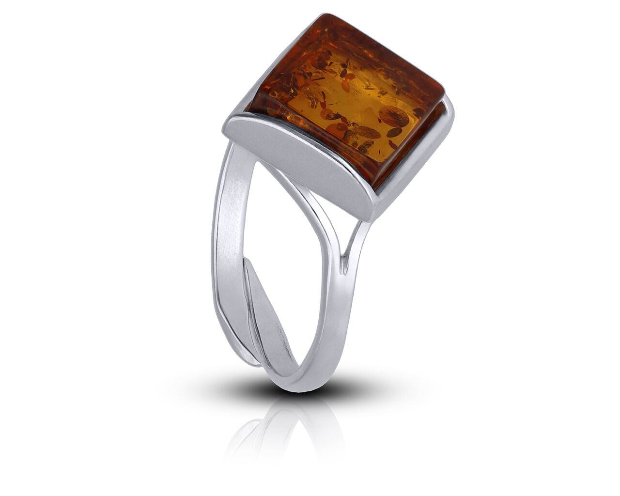 Pierścionek srebrny regulowany z dużym bursztynem