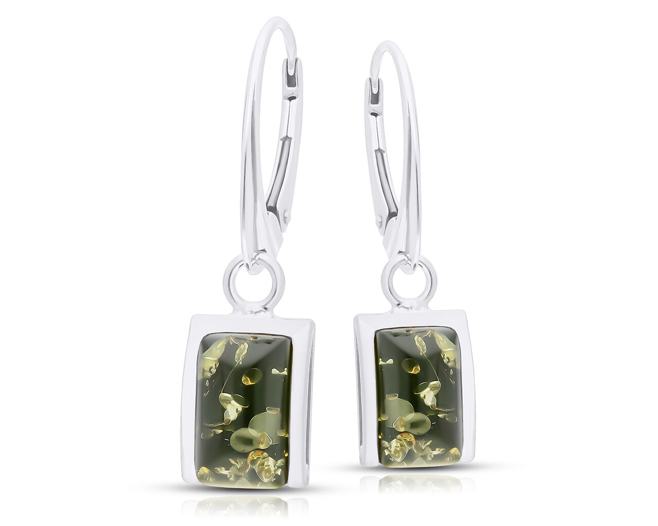 Kolczyki srebrne z zielonym bursztynem wiszące
