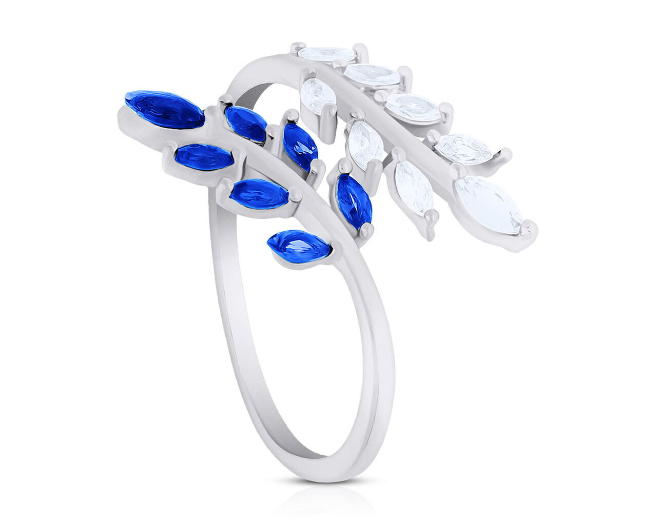 Pierścionek srebrny niebieskie i białe cyrkonie