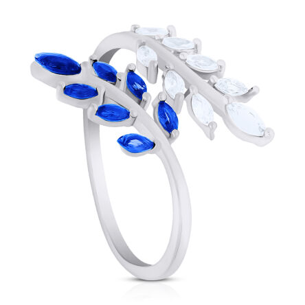 Pierścionek srebrny niebieskie i białe cyrkonie