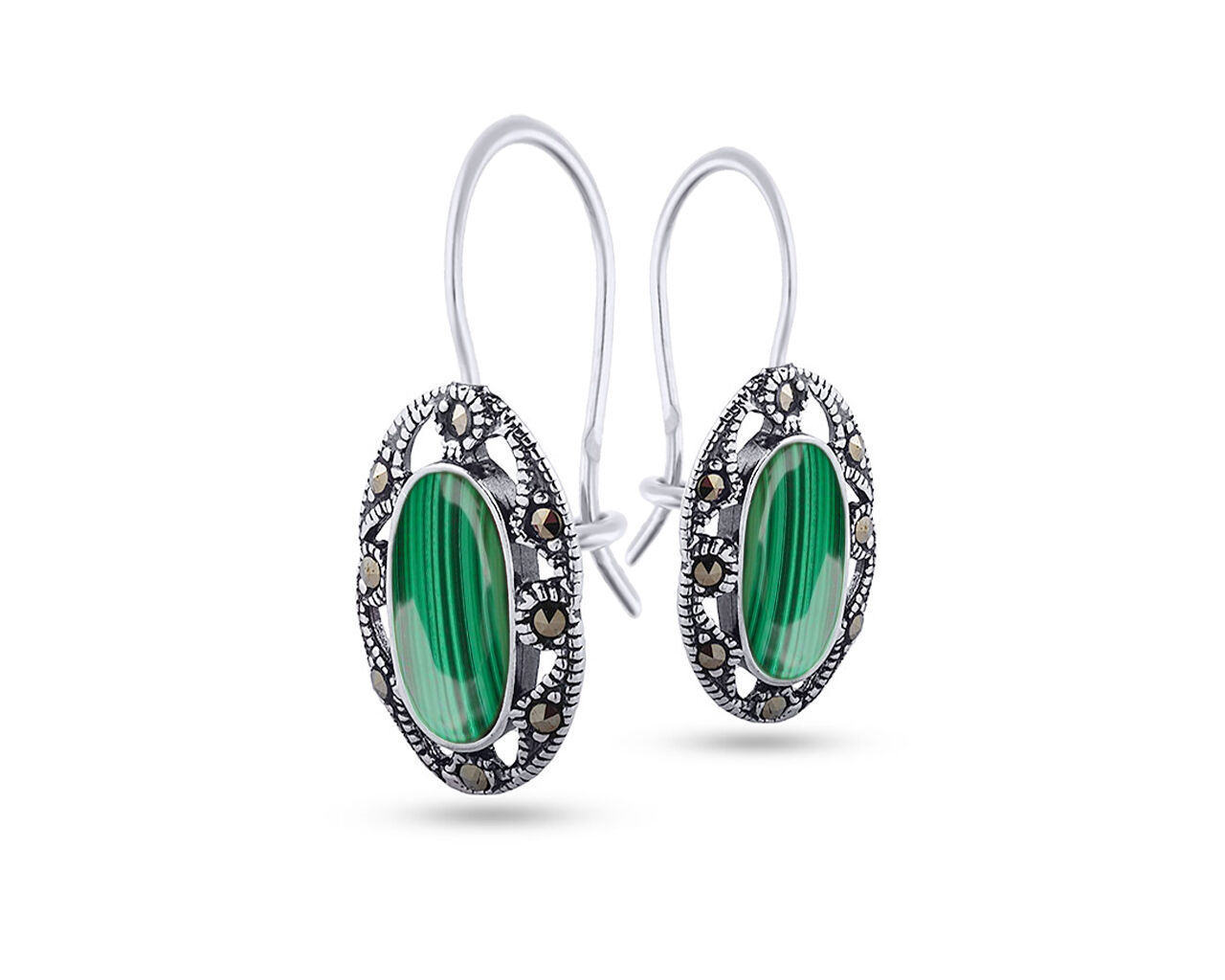 Srebrne kolczyki zielony malachit i markazyty