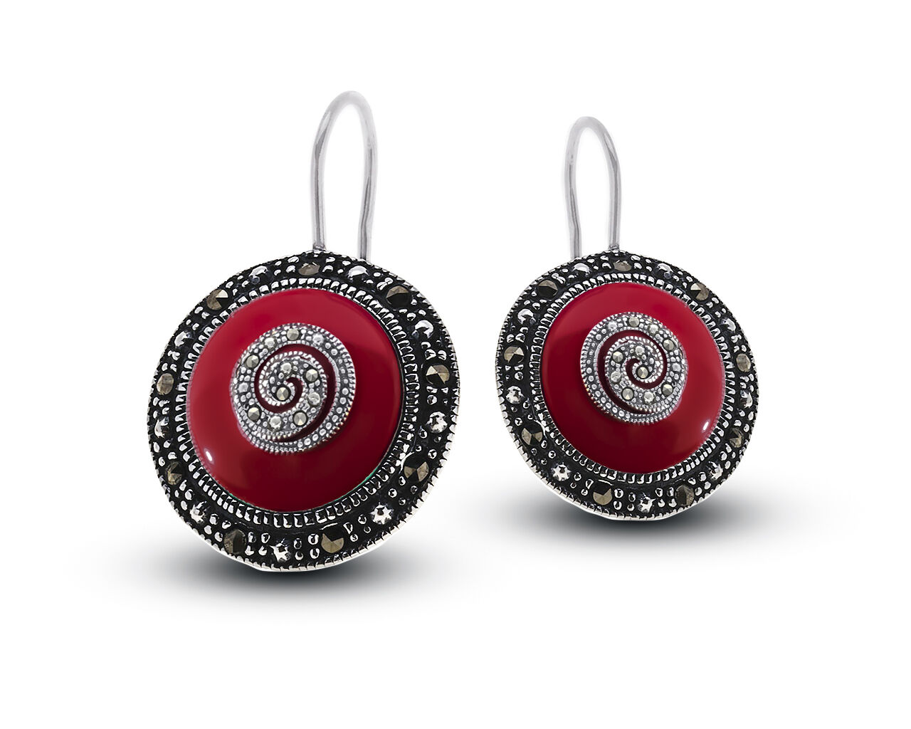 Kolczyki srebrne z koralem i makrazytami