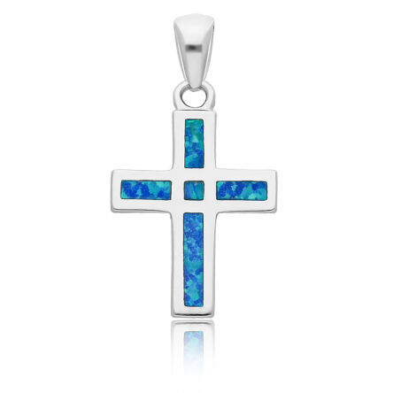Srebrny krzyżyk z niebieskim opalem