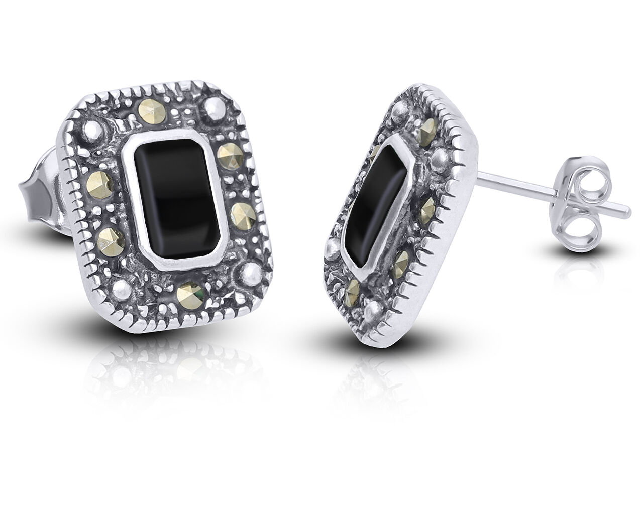 Kolczyki srebrne z onyksem i markazytami