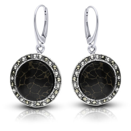 Kolczyki srebrne wiszące z onyksem i markazytami