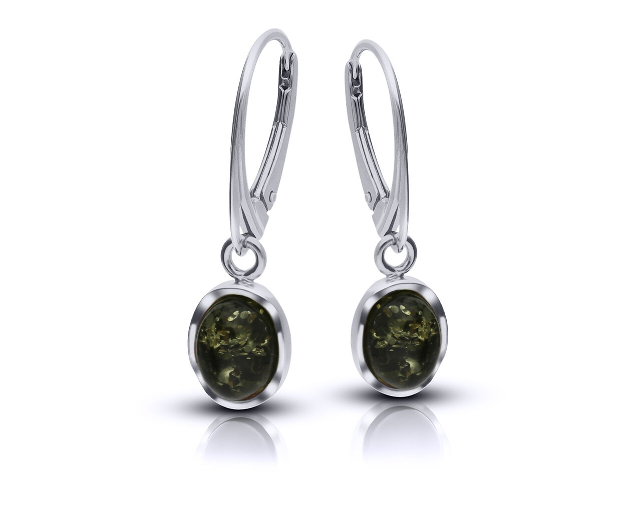Srebrne kolczyki wiszące z zielonym bursztynem
