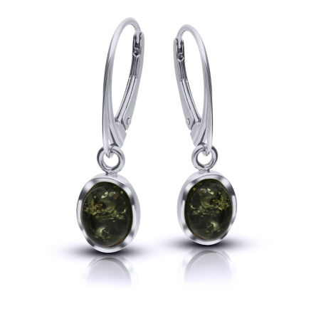 Srebrne kolczyki wiszące z zielonym bursztynem