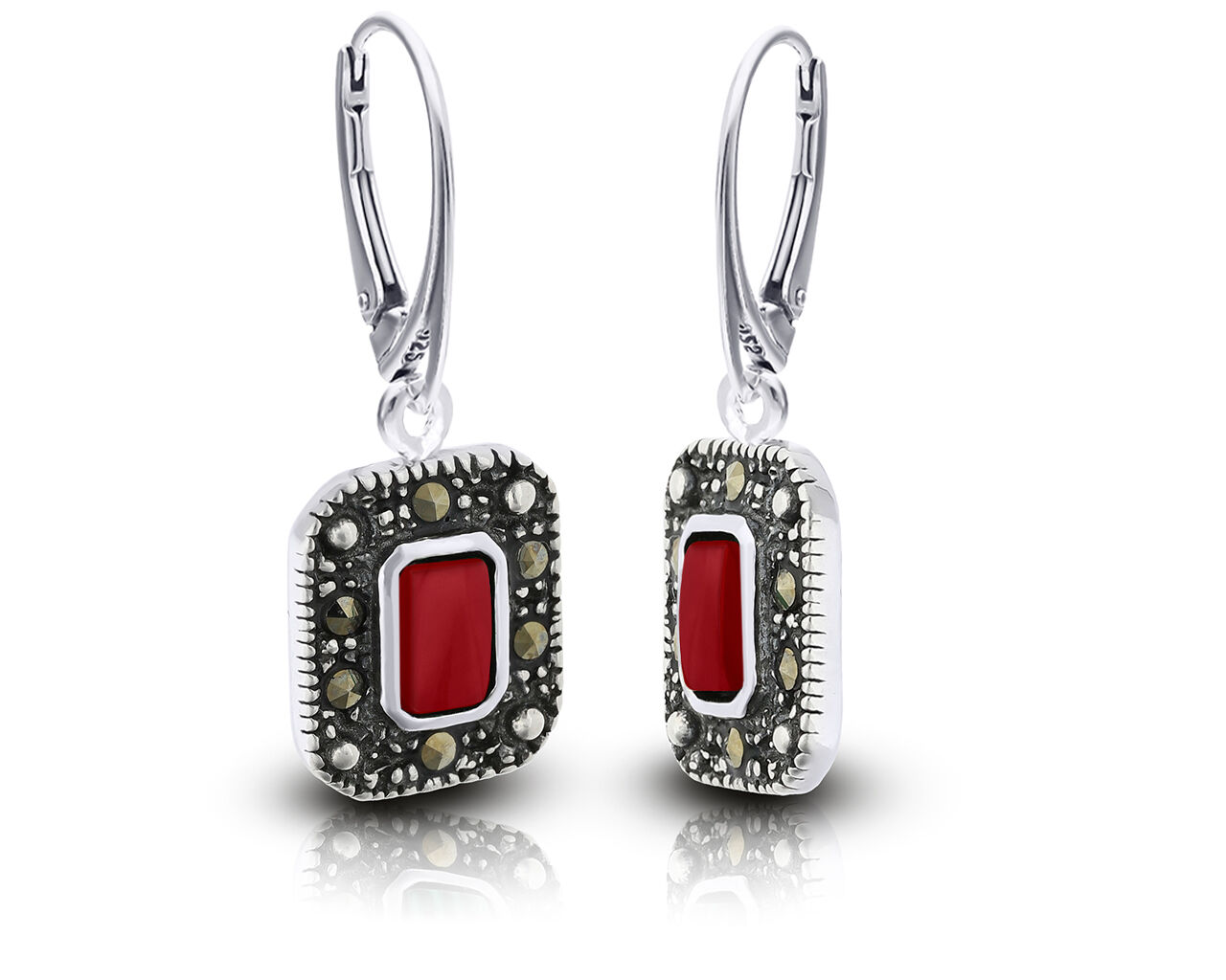 Kolczyki srebrne z koralem i markazytami wiszące