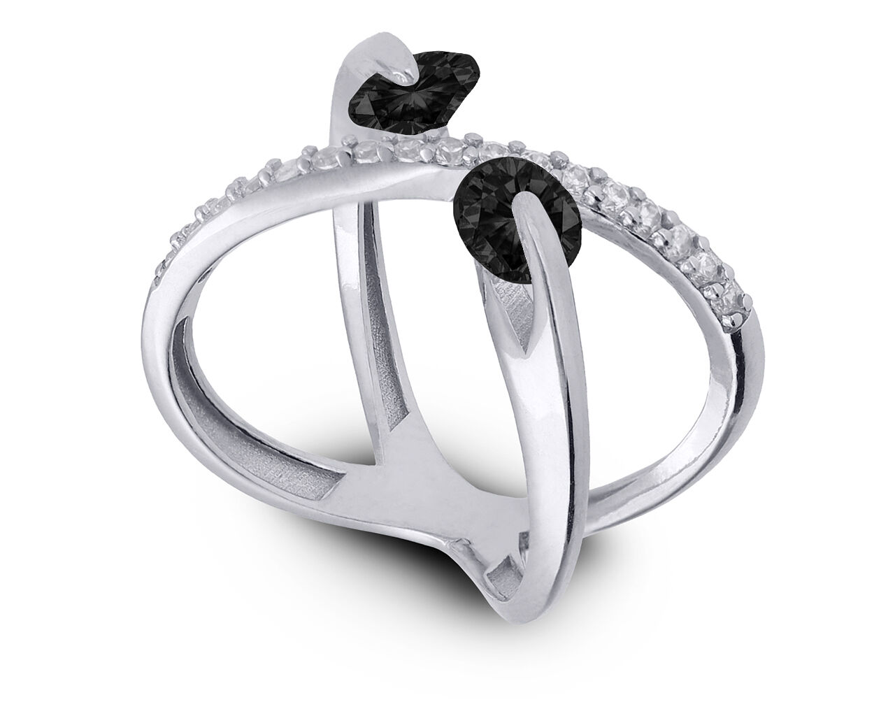 Pierścionek srebrny szeroki czarne kamienie