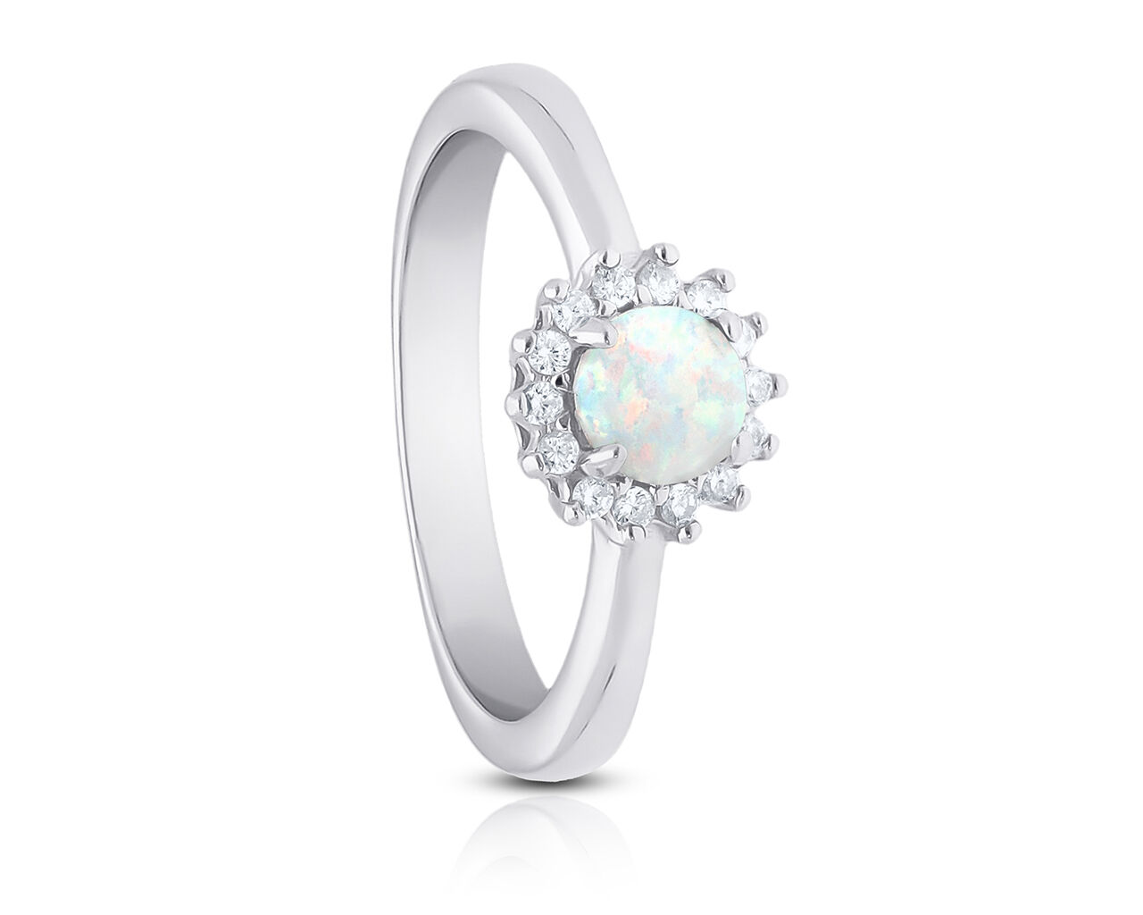 Pierścionek srebrny z okrągłym opalem i cyrkoniami