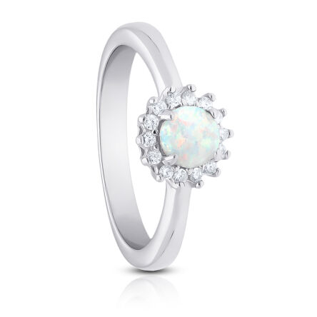 Pierścionek srebrny z okrągłym opalem i cyrkoniami