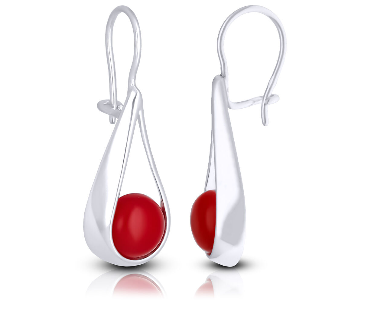 Kolczyki srebrne wiszące z czerwonym koralem