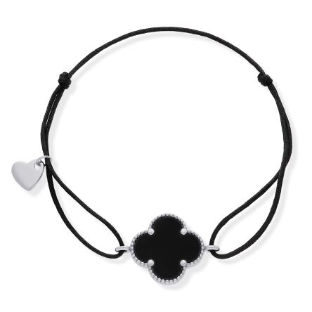 Bransoletka srebrna 925 czarny sznurek koniczyna