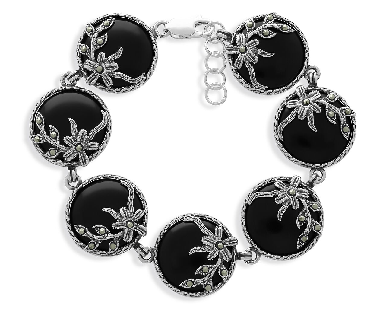 Bransoletka srebrna szeroka onyks i markazyty