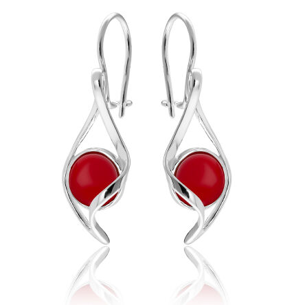 Kolczyki srebrne wiszące na biglu z koralem