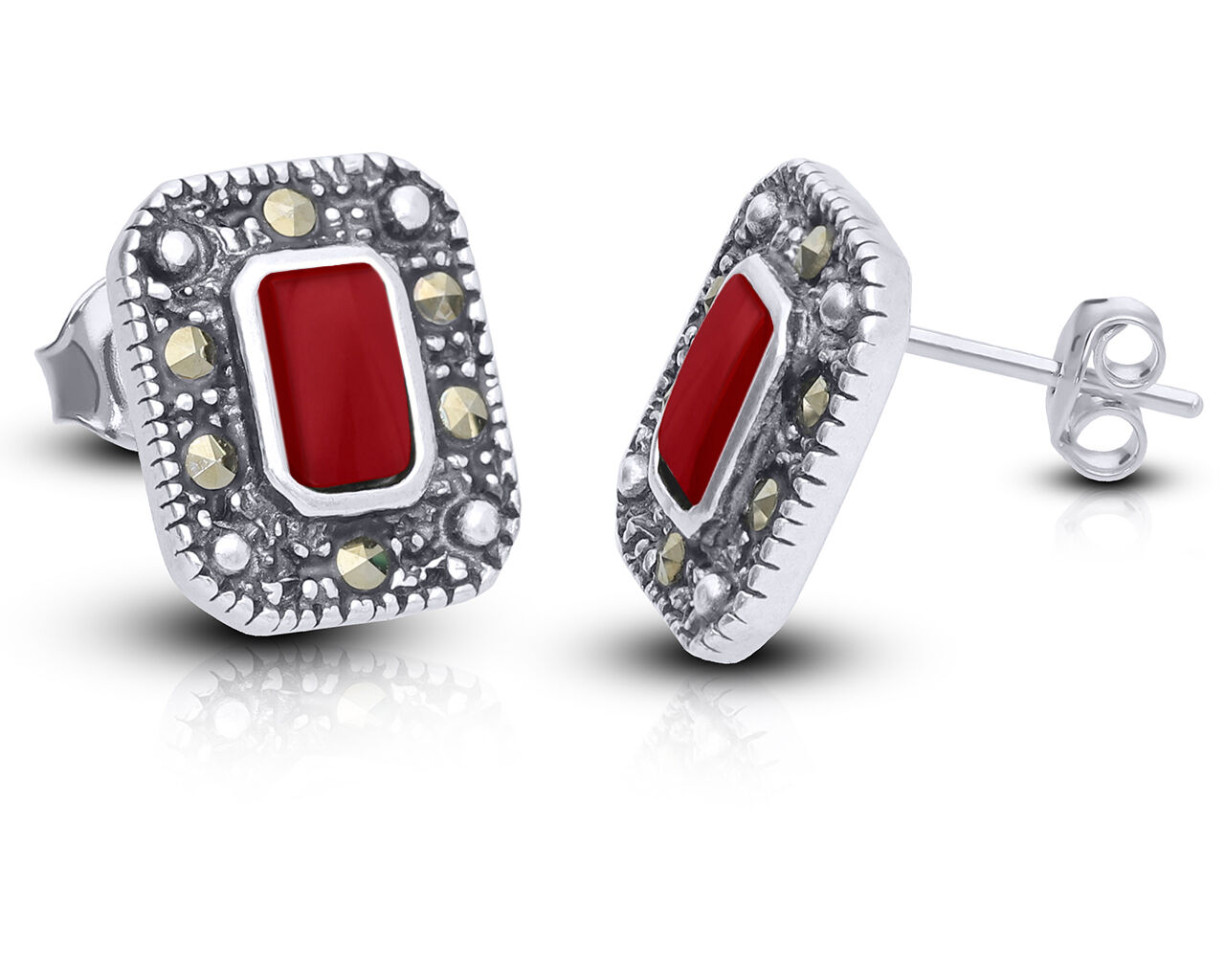 Srebrne kolczyki sztyfty z koralem i markazytami