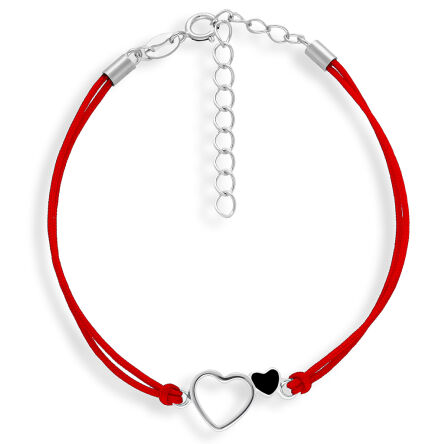 Bransoletka na sznurku złączone serca srebrne