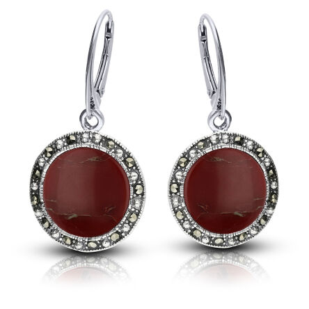 Kolczyki srebrne wiszące z koralem i markazytami