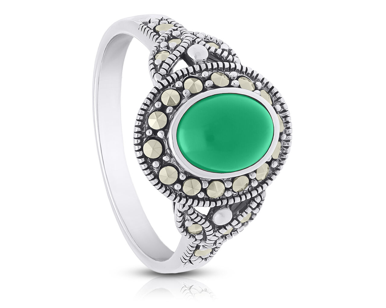 Pierścionek srebrny zielony kamień i markazyty