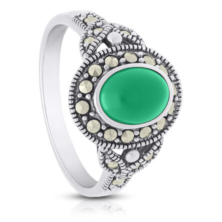 Pierścionek srebrny zielony kamień i markazyty